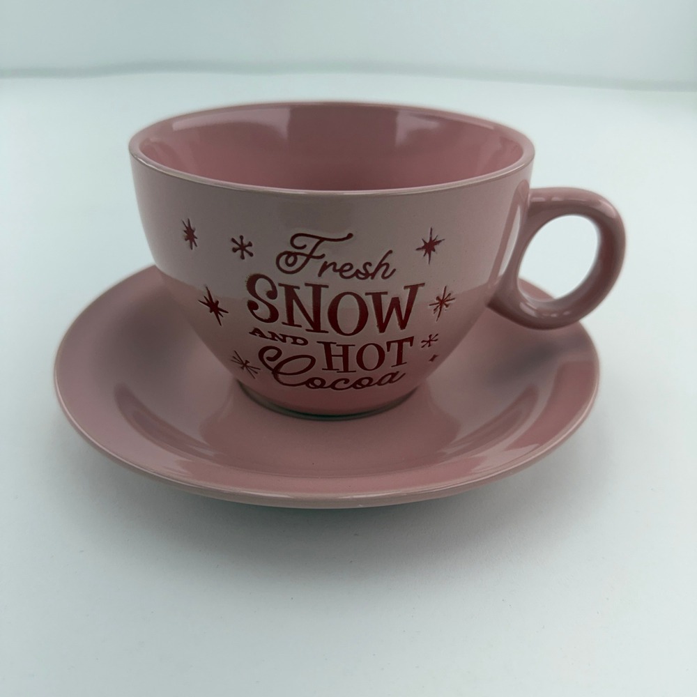 Sleigh Bell Bistro Pink Fresh Snow and Hot Cocoa Ceramic Cup and Saucer Set
